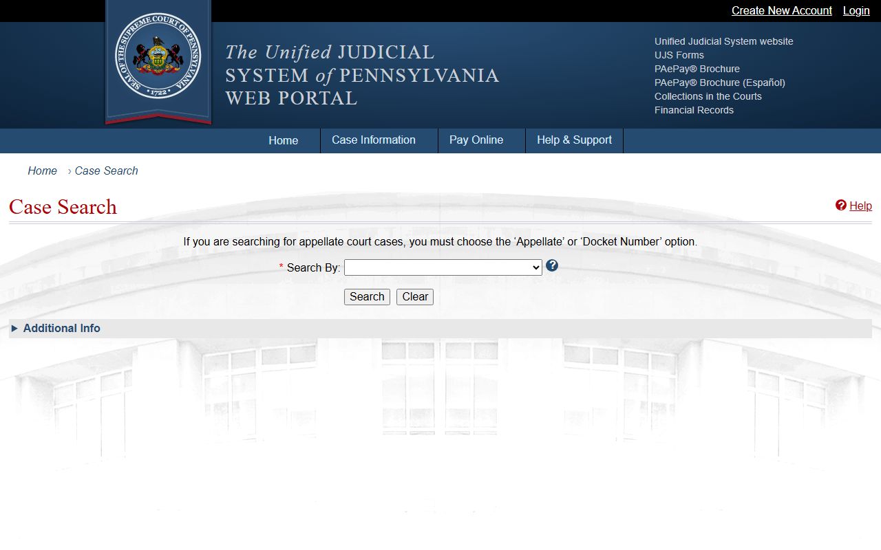 Pennsylvania UJS Case Search page for public court dockets